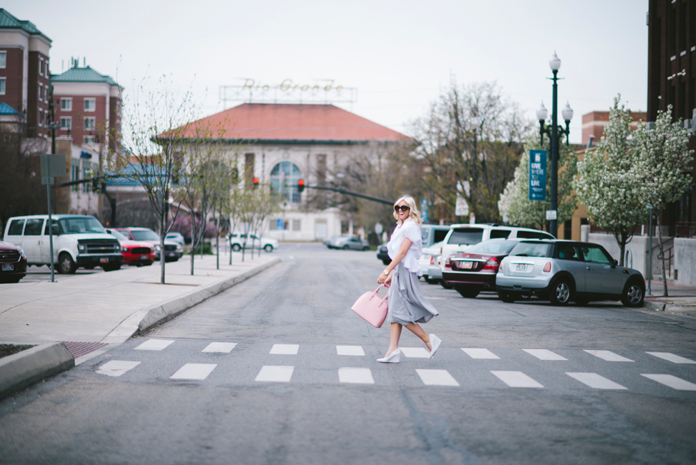 LittleMissFearless_modest gray dress pink tory burch bag 2