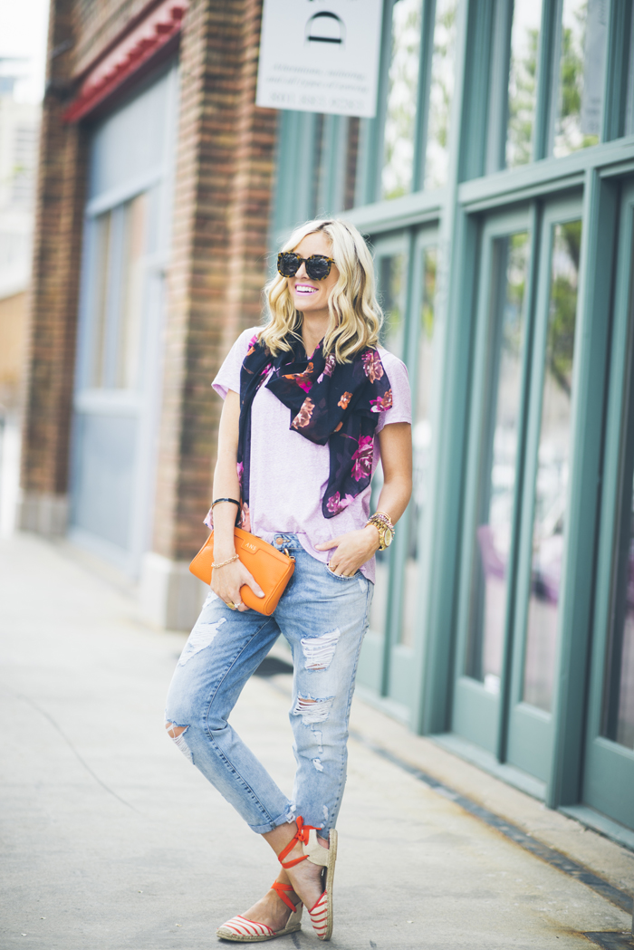 LittleMissFearless_jcrew navy floral scarf + striped orange espadrilles 1