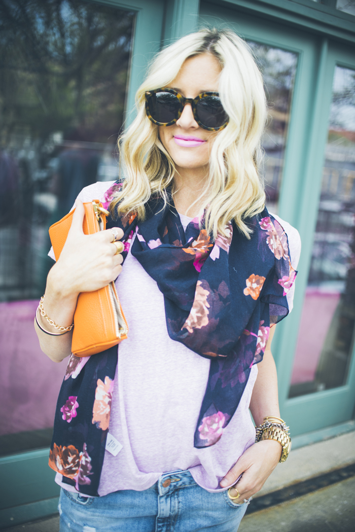 LittleMissFearless_jcrew navy floral scarf + striped orange espadrilles 2