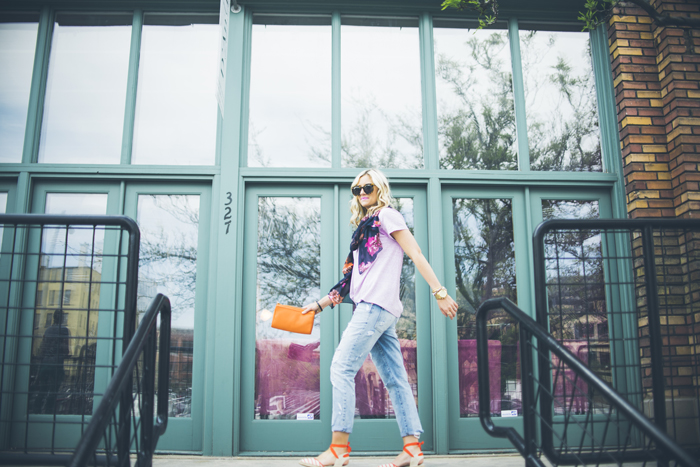 LittleMissFearless_jcrew navy floral scarf + striped orange espadrilles 4