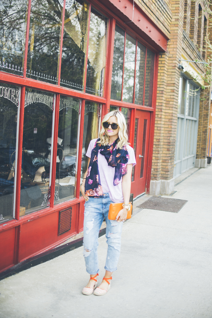 LittleMissFearless_jcrew navy floral scarf + striped orange espadrilles 5