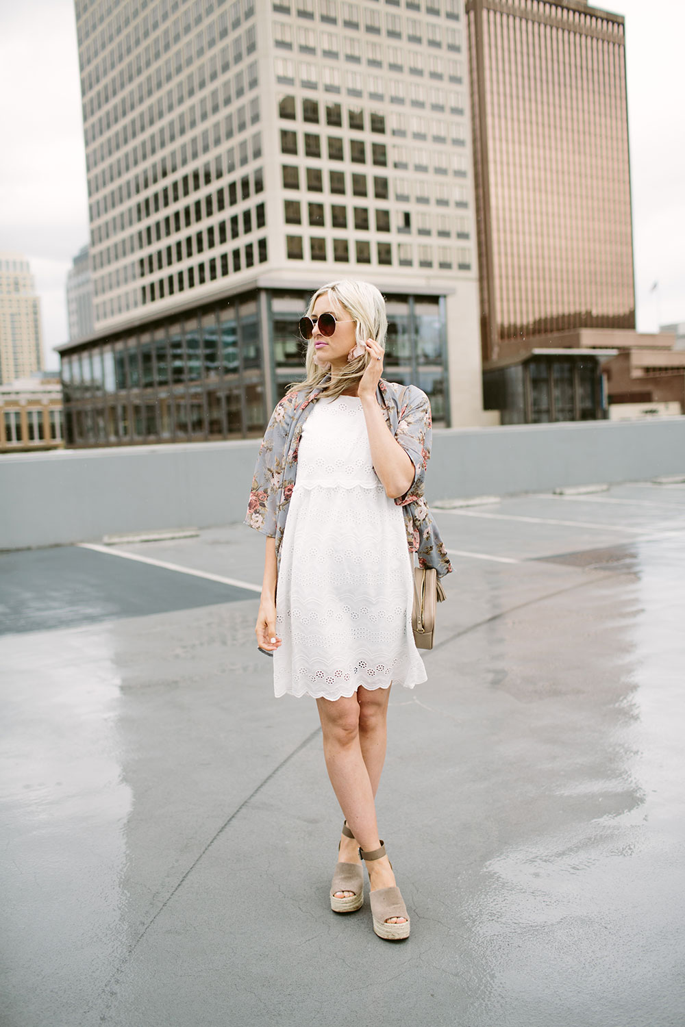 White lace eyelet dress with sheer floral kimono for spring and summer fashion | Little Miss Fearless