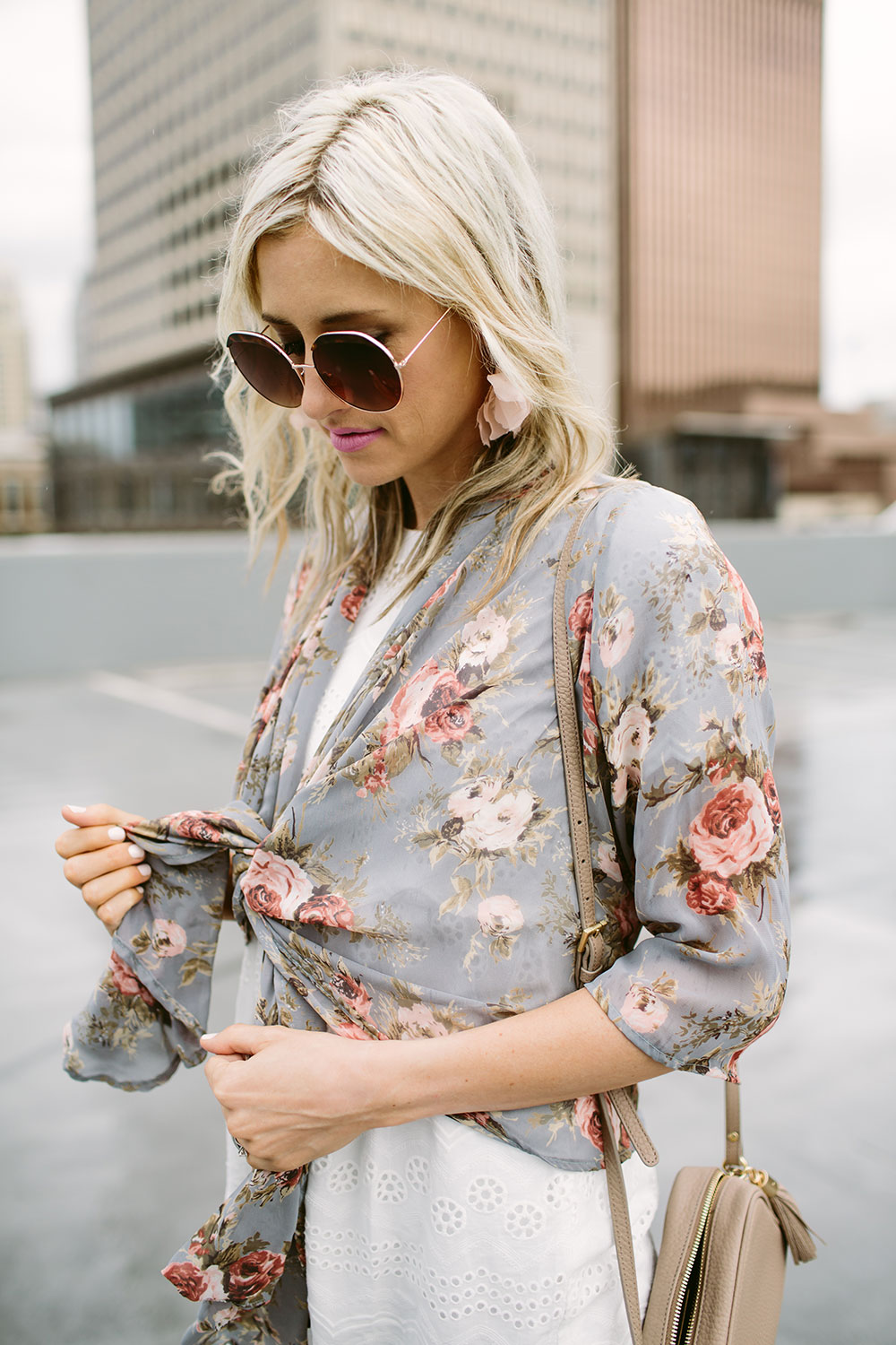 White lace eyelet dress with sheer floral kimono for spring and summer fashion | Little Miss Fearless