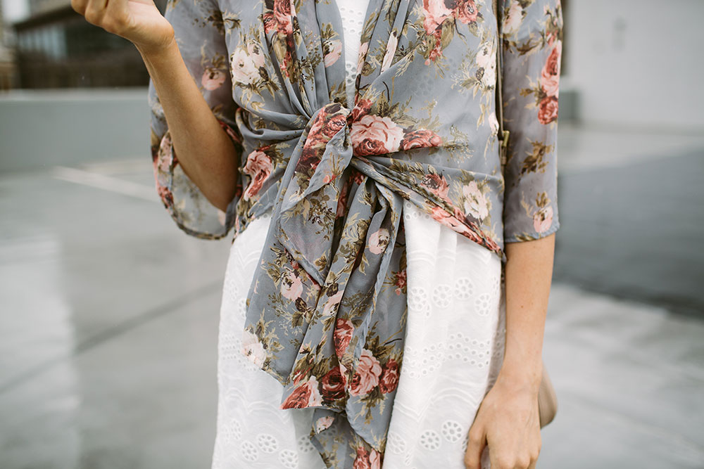 White lace eyelet dress with sheer floral kimono for spring and summer fashion | Little Miss Fearless