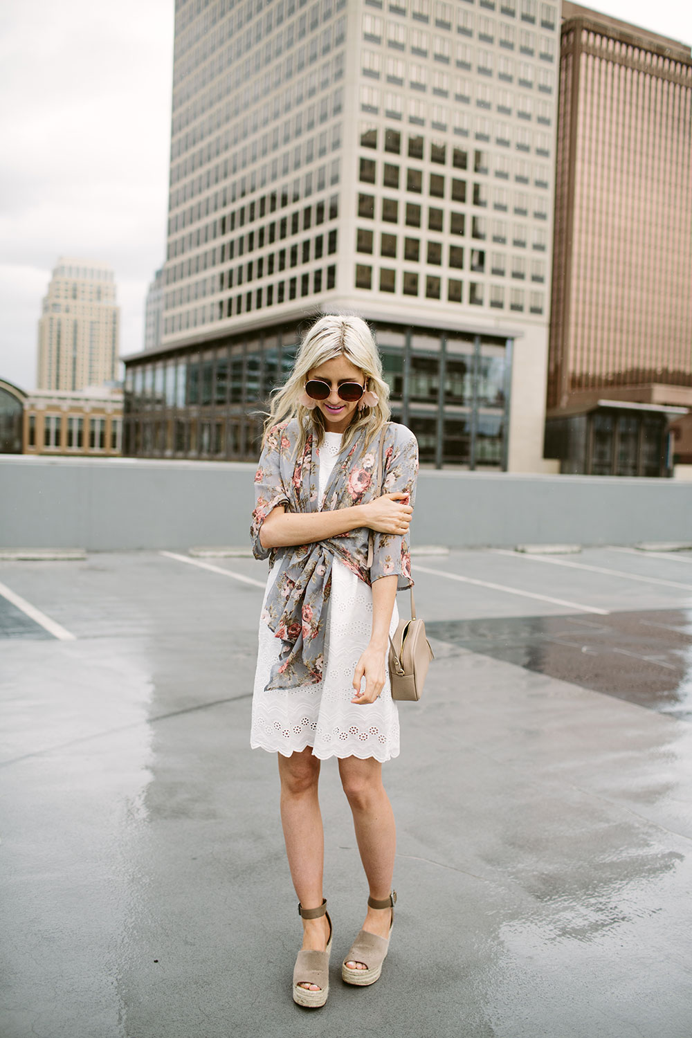 White lace eyelet dress with sheer floral kimono for spring and summer fashion | Little Miss Fearless