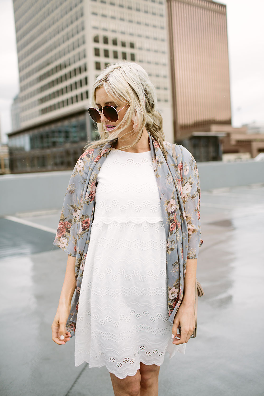 White lace eyelet dress with sheer floral kimono for spring and summer fashion | Little Miss Fearless