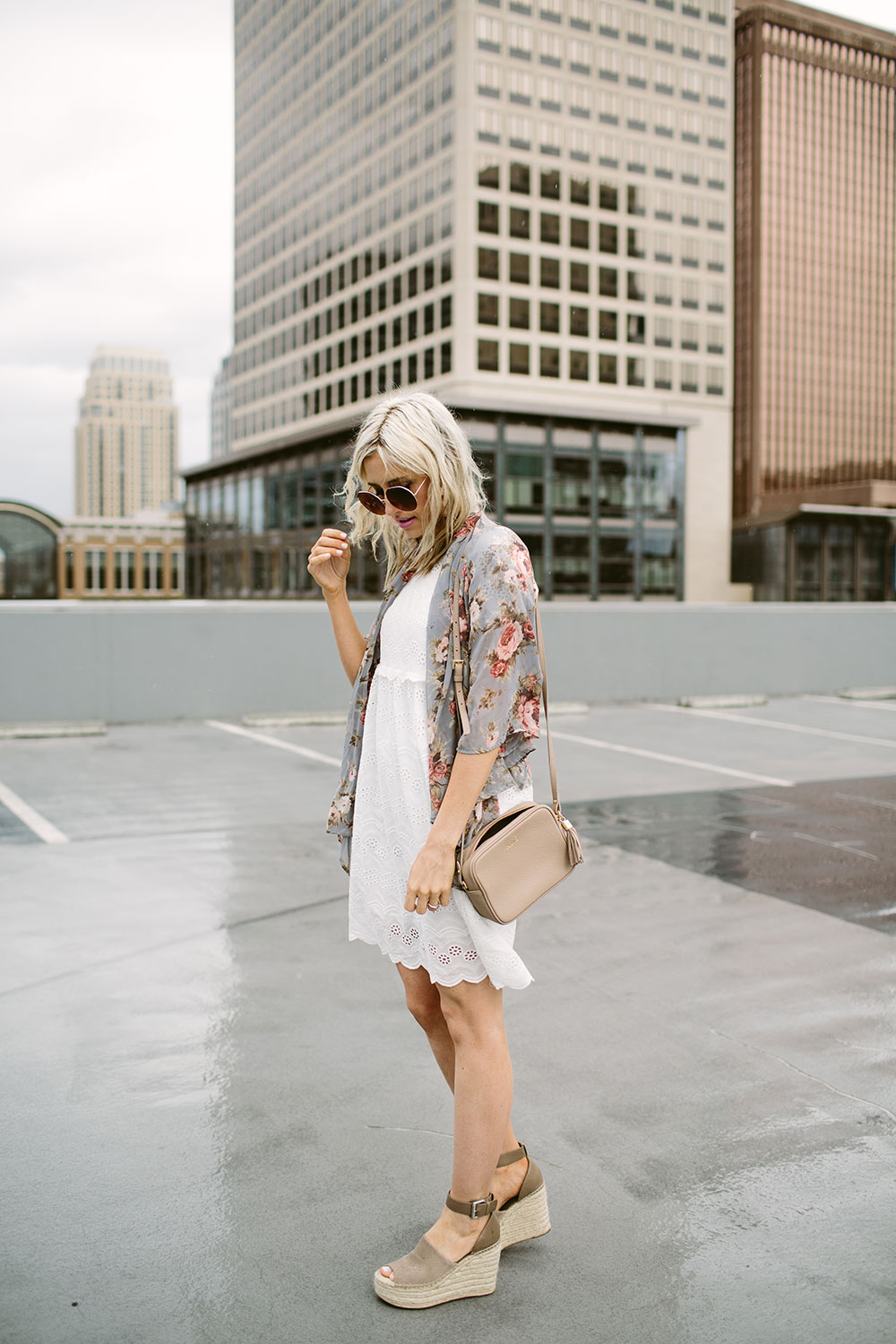 White lace eyelet dress with sheer floral kimono for spring and summer fashion | Little Miss Fearless