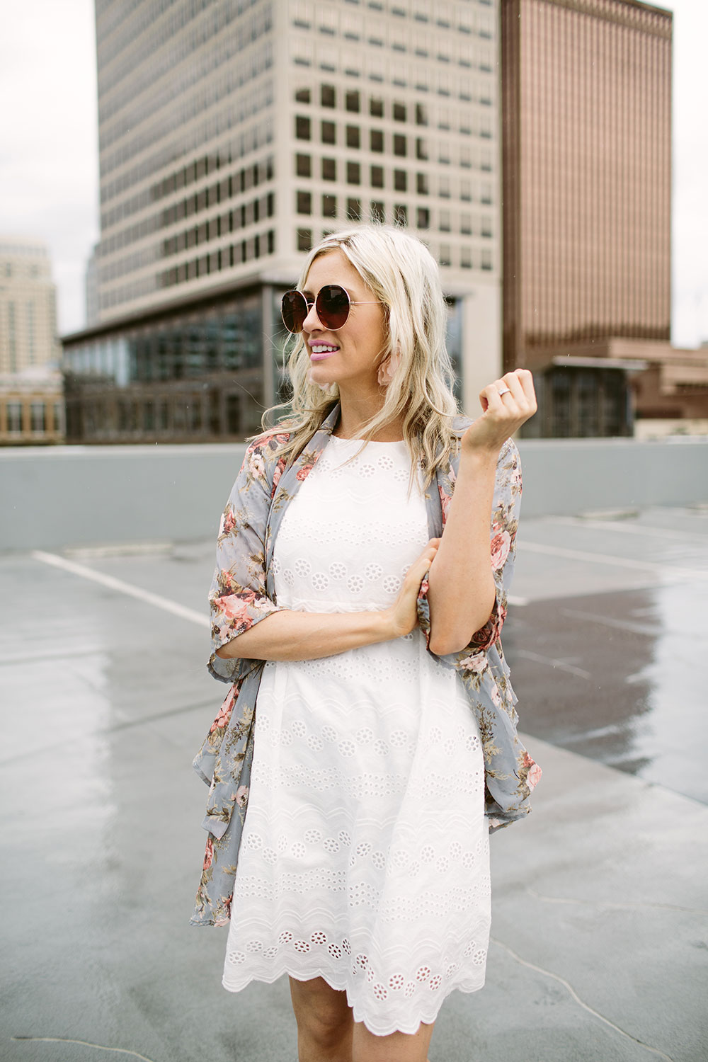 White lace eyelet dress with sheer floral kimono for spring and summer fashion | Little Miss Fearless