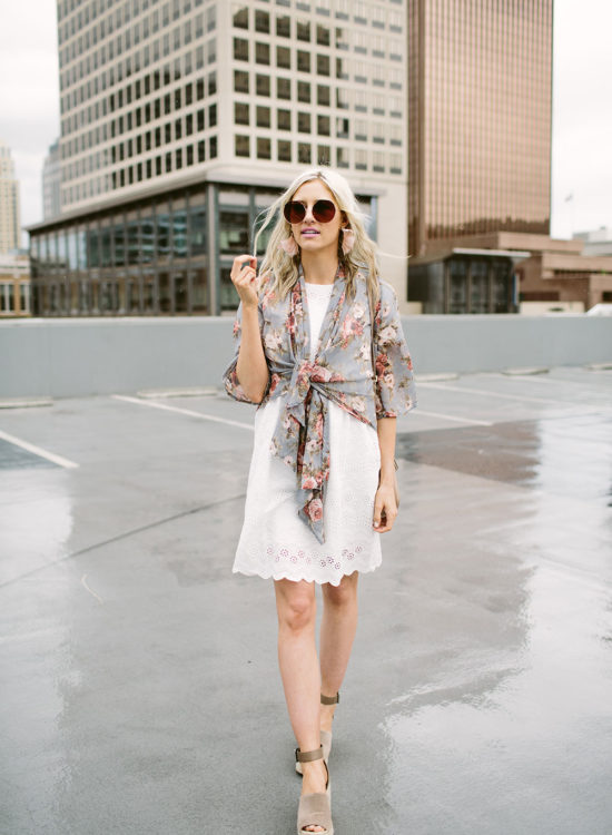 White lace eyelet dress with sheer floral kimono for spring and summer fashion | Little Miss Fearless