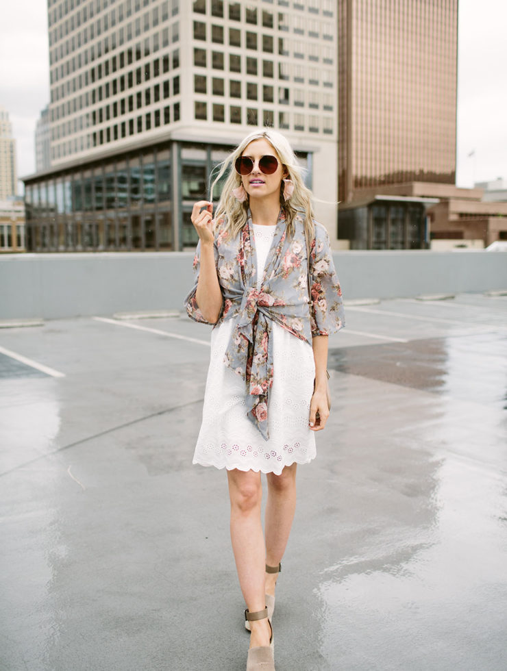 White lace eyelet dress with sheer floral kimono for spring and summer fashion | Little Miss Fearless